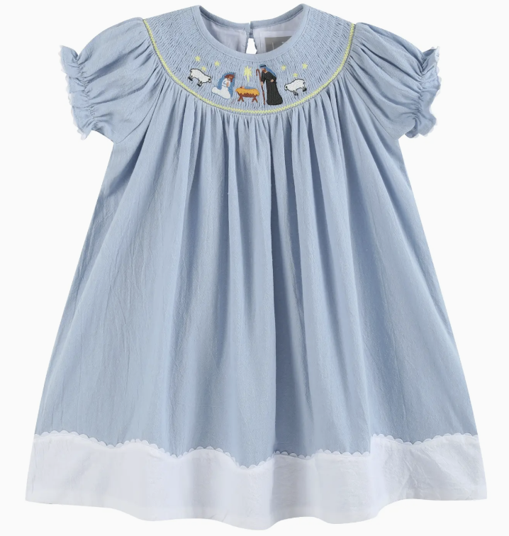 smocked nativity dress Navy Blue Long Sleeve Little Girls Royal Blue Christmas Nativity Smocked