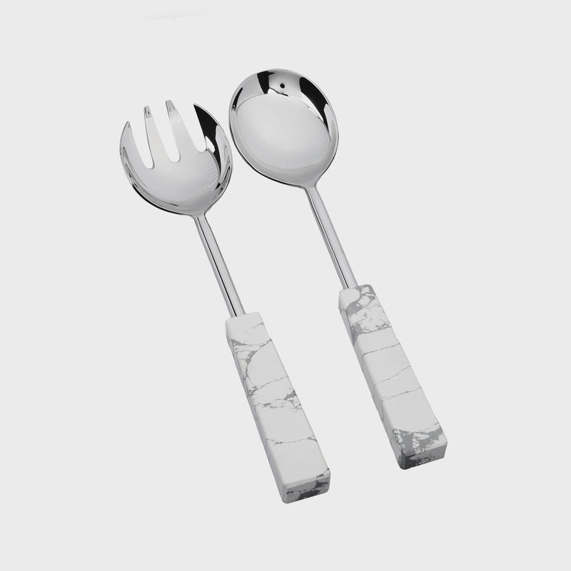 Stainless Steel Salad Servers with White and Grey stone Handles