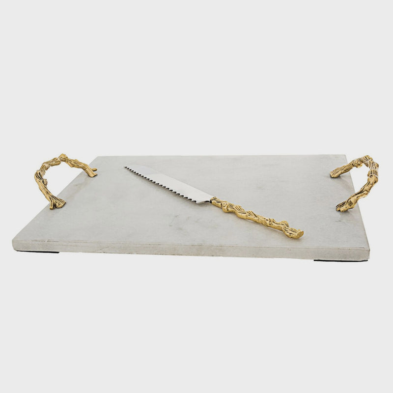 White Marble Tray - Wooden Look Handles
