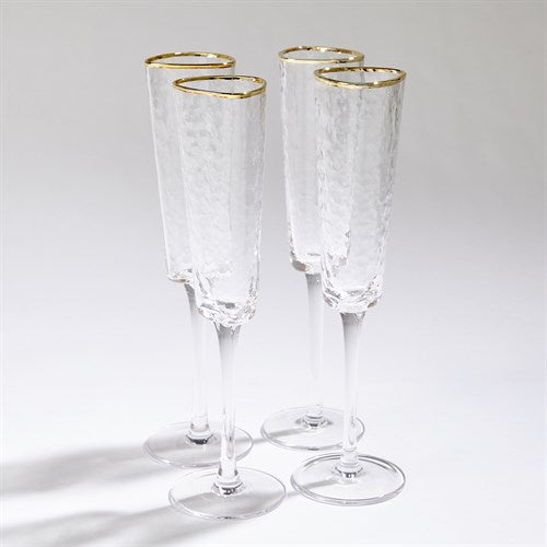 Hammered Champagne Flutes with Gold Rim