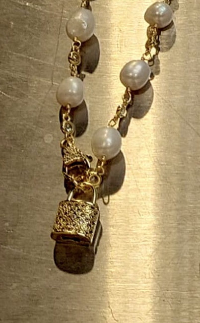 Pave Lock Pearl Necklace