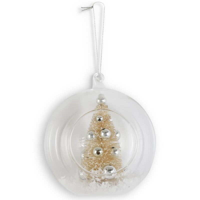 Clear Glass Open Front Ornament w/ cream Bottle Brush Tree