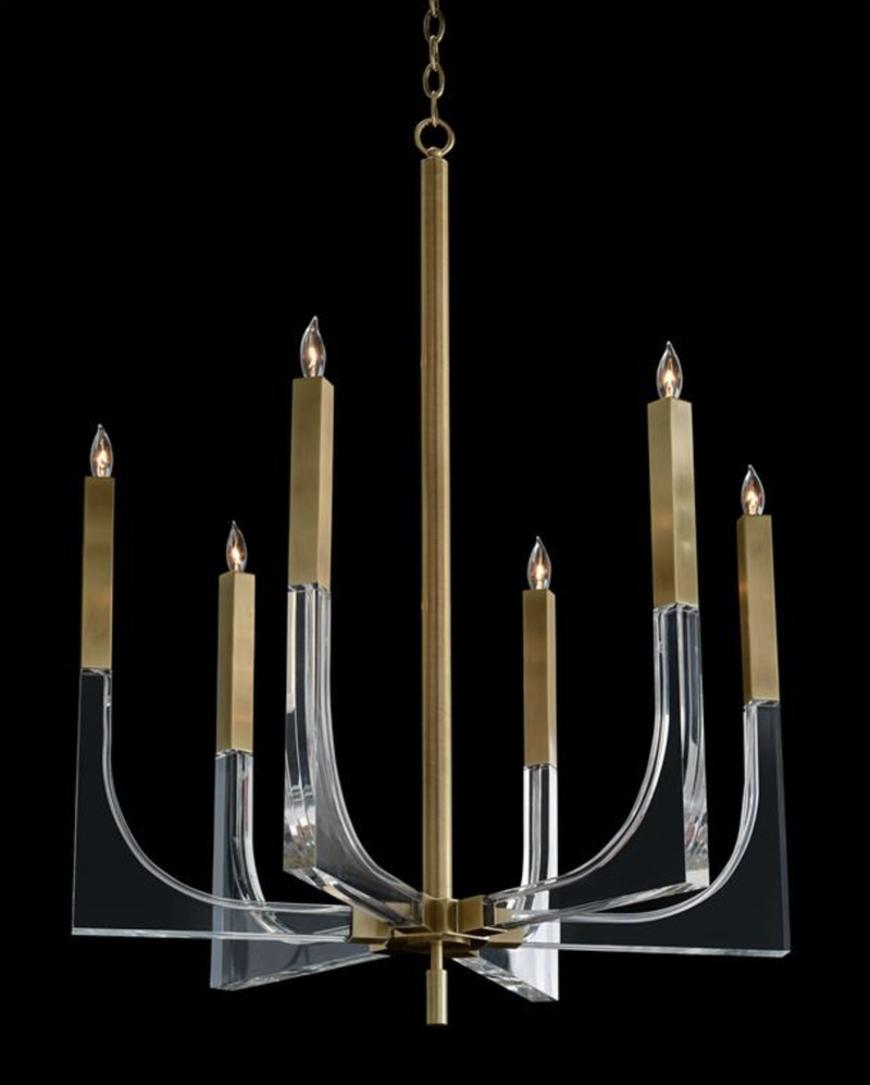 Acrylic and Brass Six-Light Chandelier